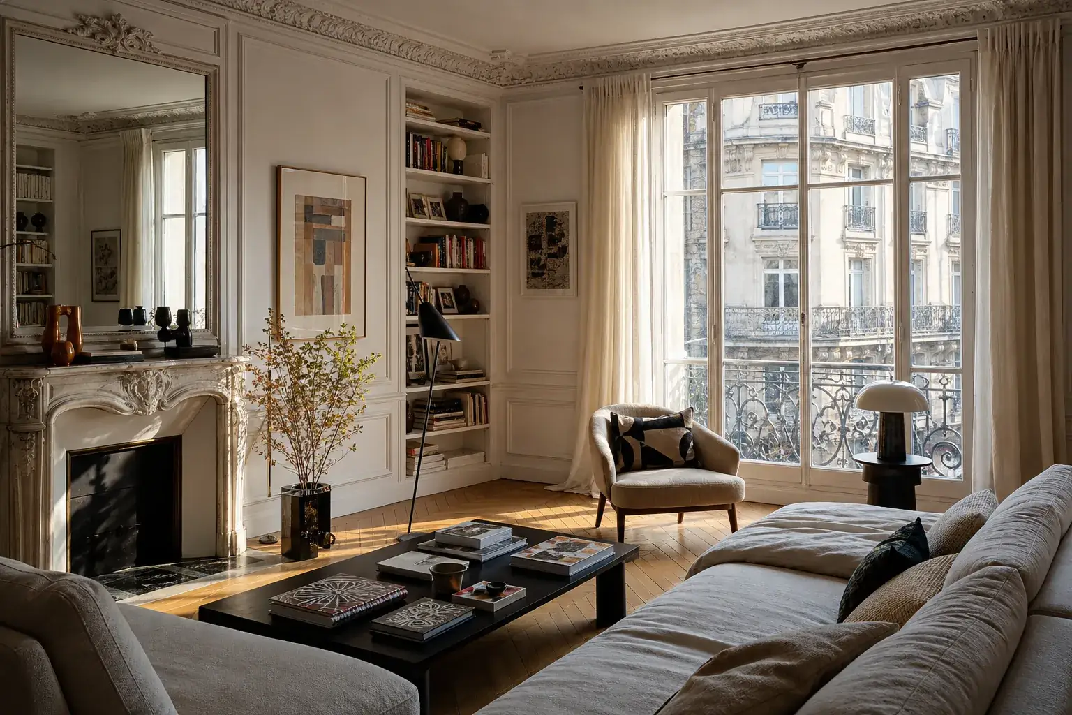 Salon d’un appartement parisien lumineux, fenêtres sur rue