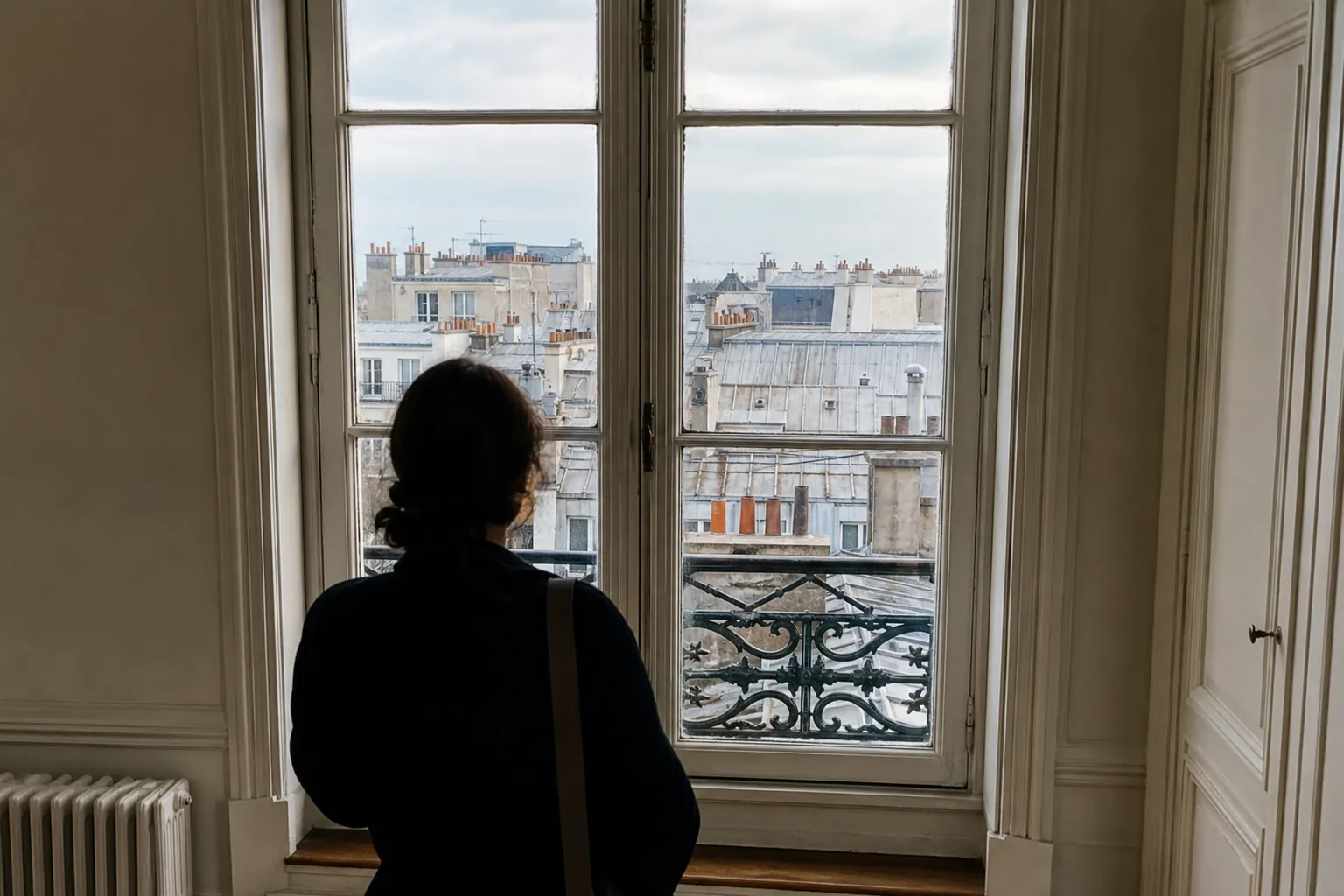 Visite d’appartement, personne examinant une fenêtre et ses menuiseries